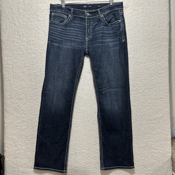 BKE Carter Jeans Men's 36 Stretch Denim Straight Leg Dark Blue 5 Pockets Logo